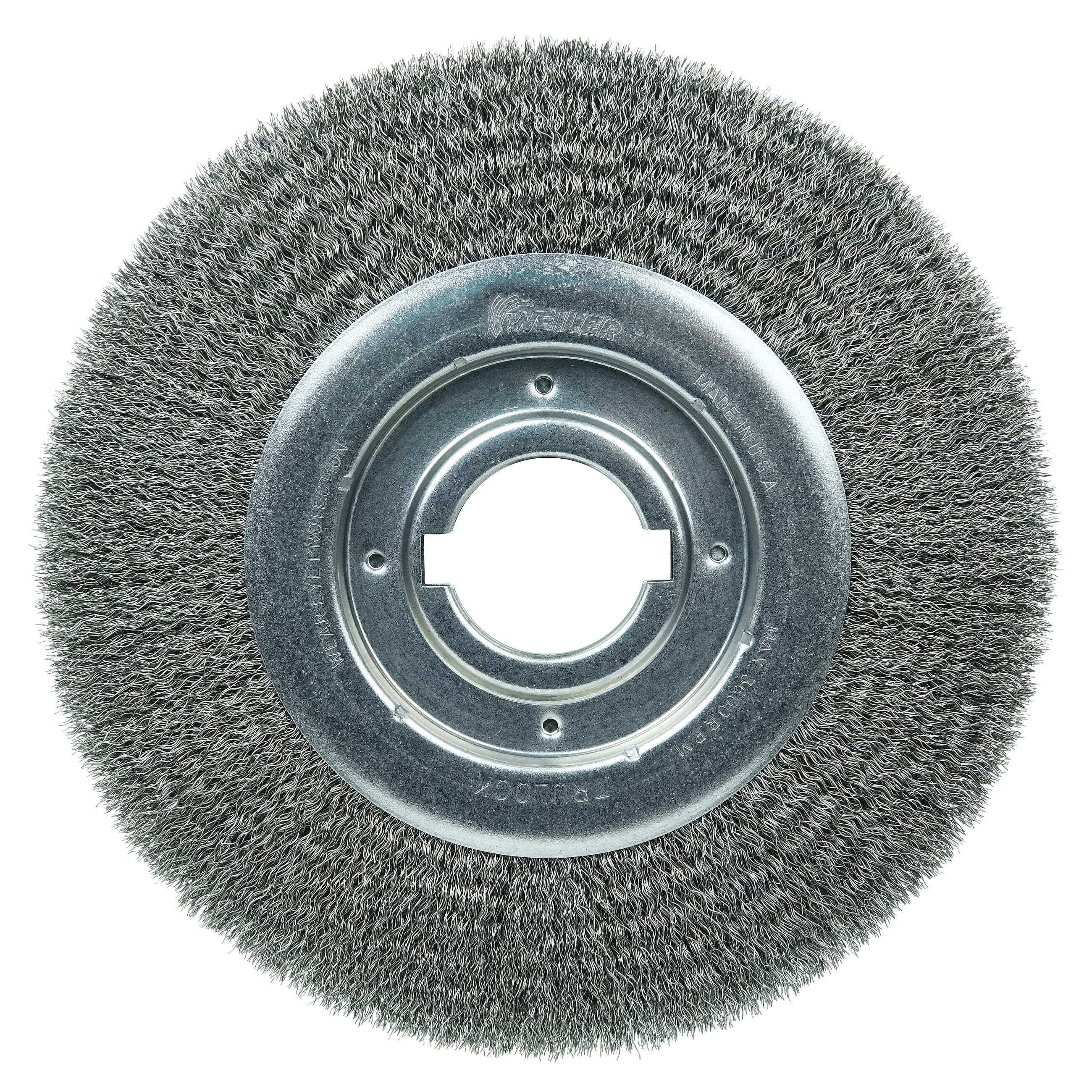 Weiler® 06150 Medium Face Wheel Brush, 10 in Dia Brush, 1-1/8 in W Face, 0.0118 in Dia Crimped Filament/Wire, 2 in Arbor Hole